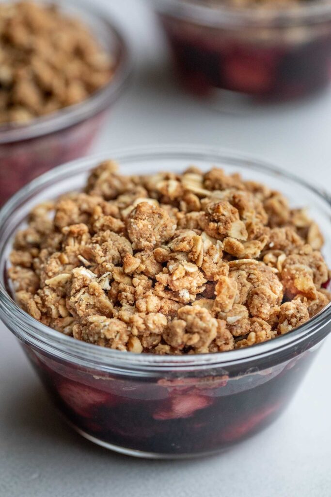 Close up of a baked crumble in a small baking dish.