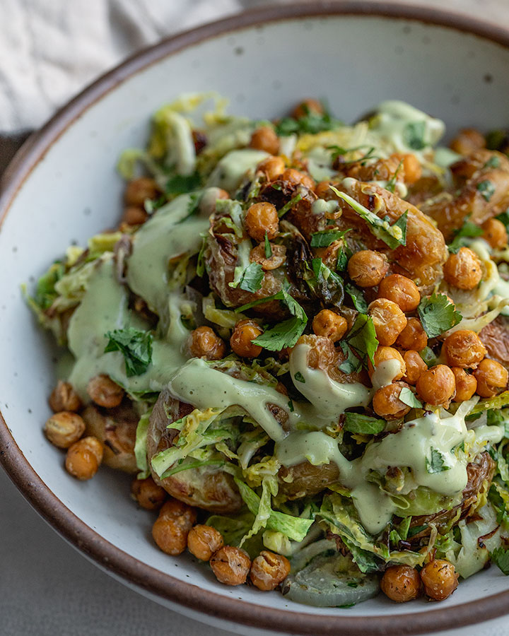 Baked Shredded Brussels Sprout Salad with Smashed Potatoes
