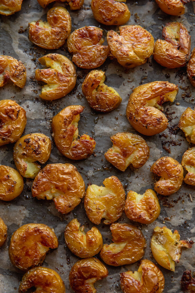 Smashed roasted baby potatoes.