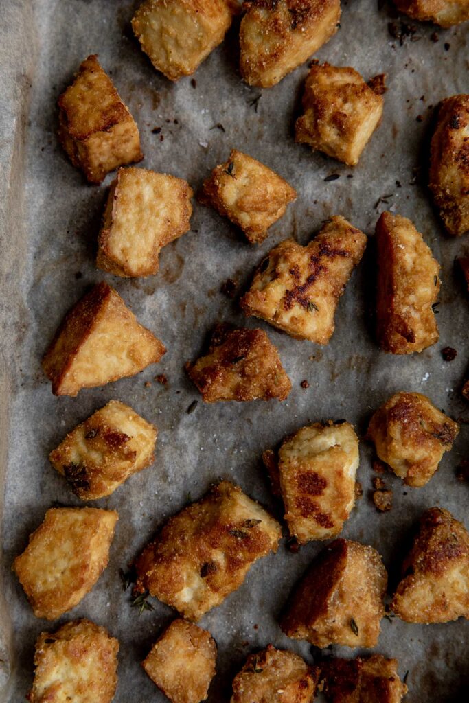 Baked cornmeal tofu nuggets.