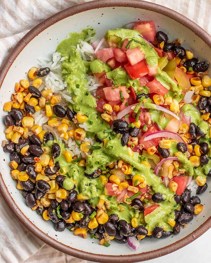 Zesty Black Bean Rice Bowl with Lime Basil Sauce