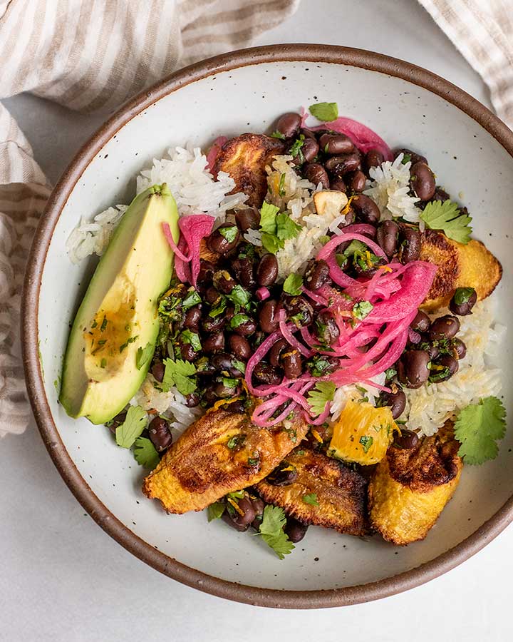Black Bean Plantain Bowls with Crispy Garlic Rice