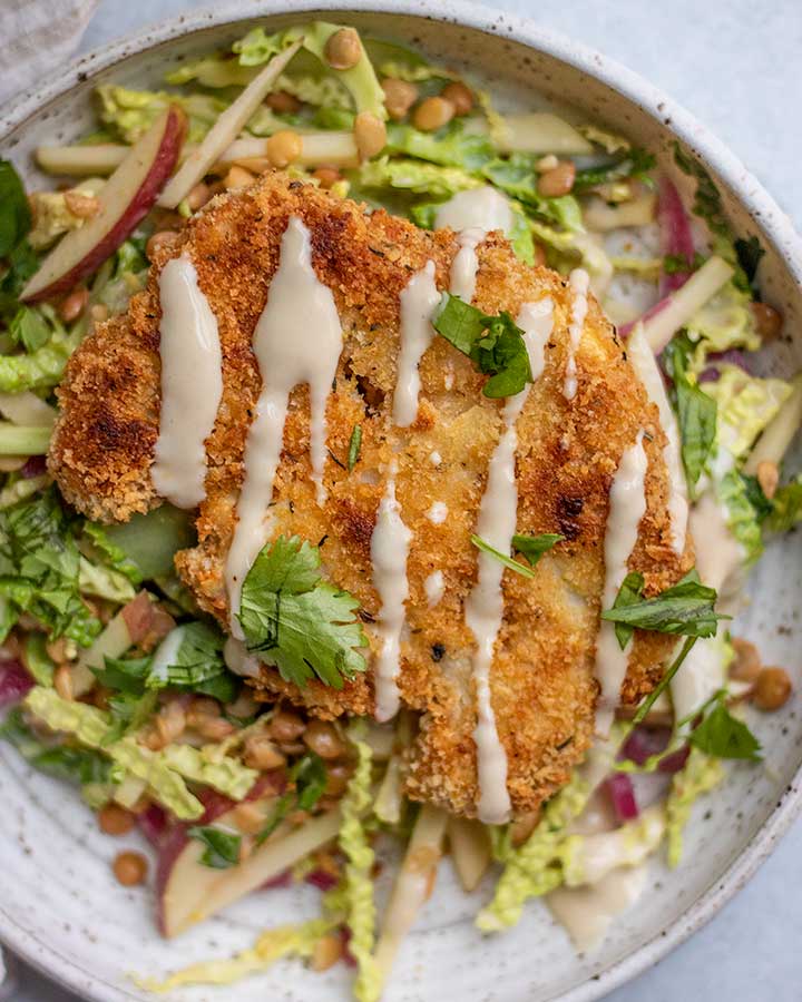 Breaded Cauliflower Steaks with Lentil Apple Slaw