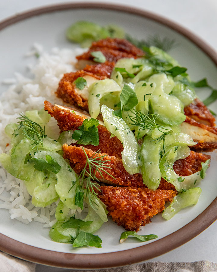 Buffalo Tofu Cutlets with Celery Ranch Slaw