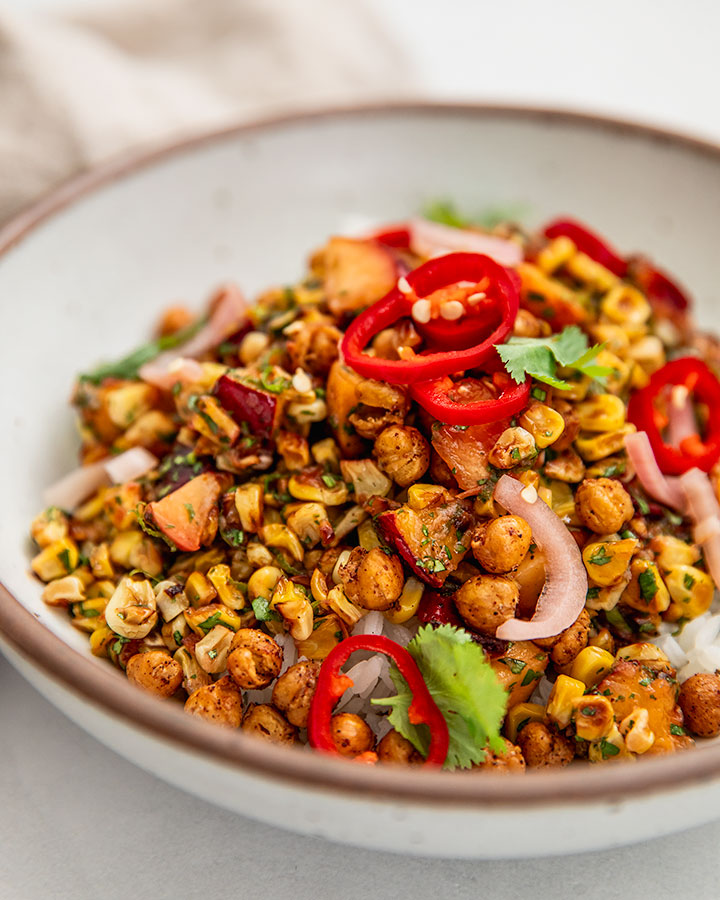 Charred Corn and Peach Salsa Bowls