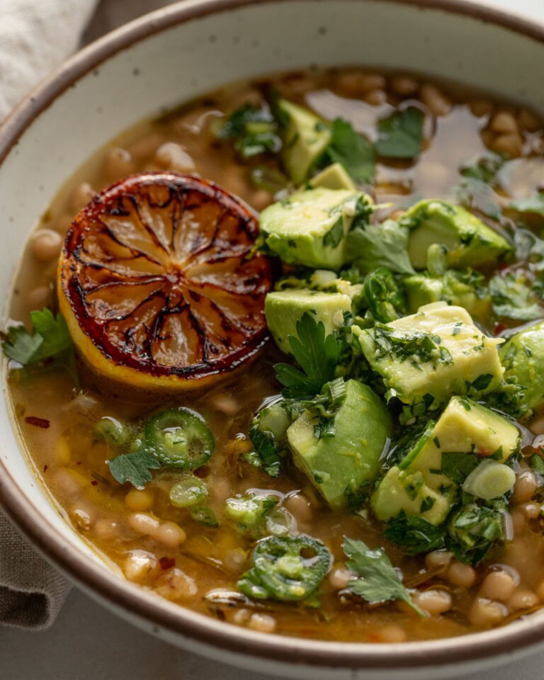 Charred Lemon Brothy Beans with Avocado Scallion Salsa