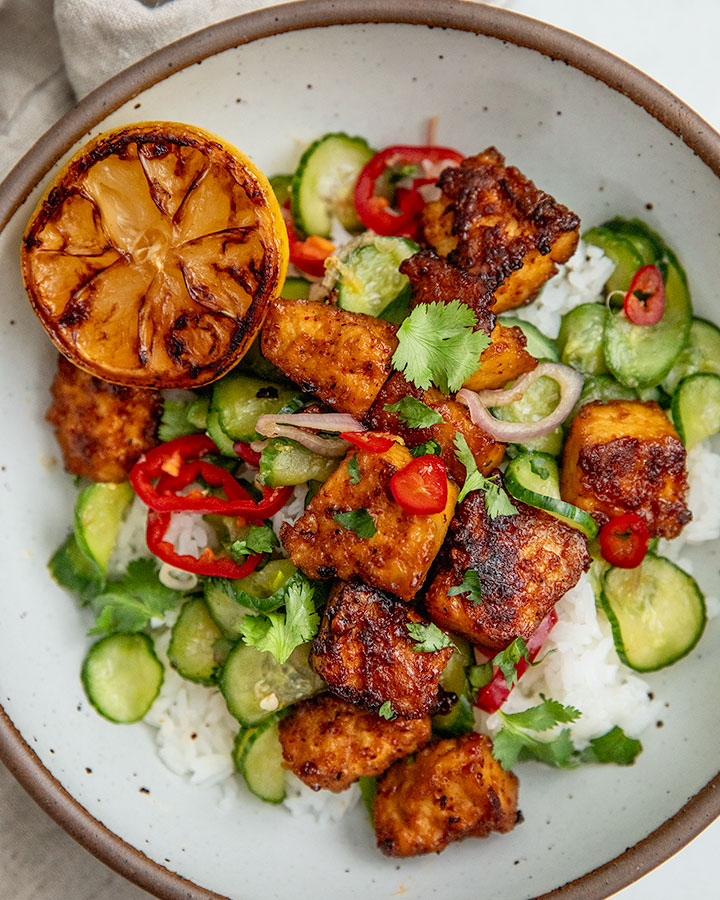 Old Bay Tofu with Lemon Pickled Cucumber Salad