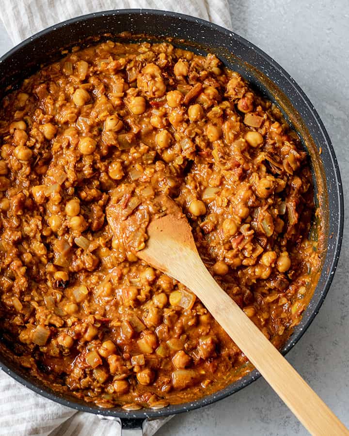 Pan of iron rich lentil chickpea curry.