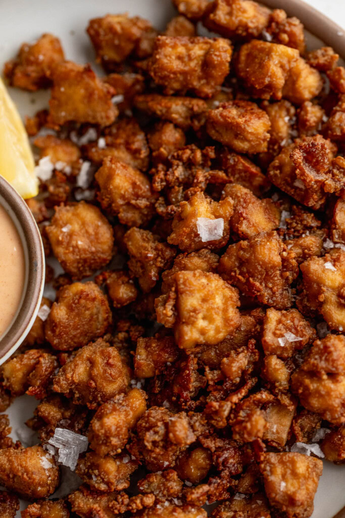 Close up of baked tofu with a bowl of smoky yogurt sauce on the side.