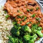 Final plate of cannellini stew with broccoli and brown rice.