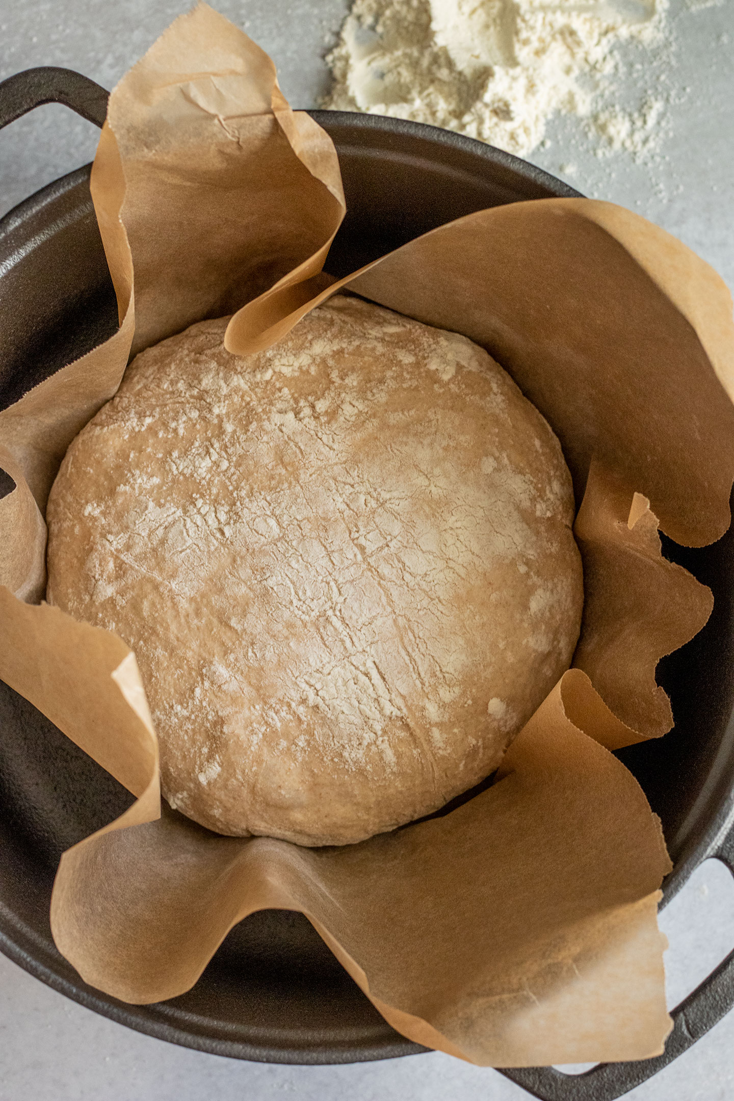 Placing the parchment paper with the dough into a large Dutch Oven.