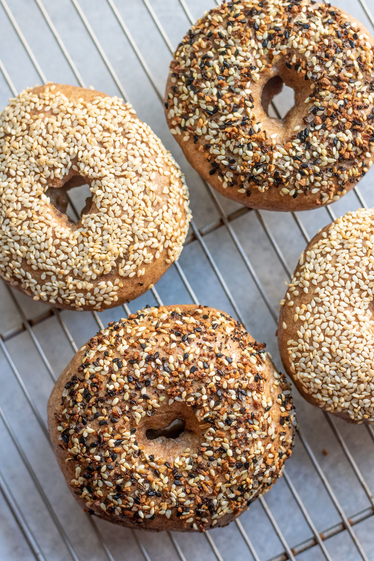 Bagels placed on a cooling rack after baking.
