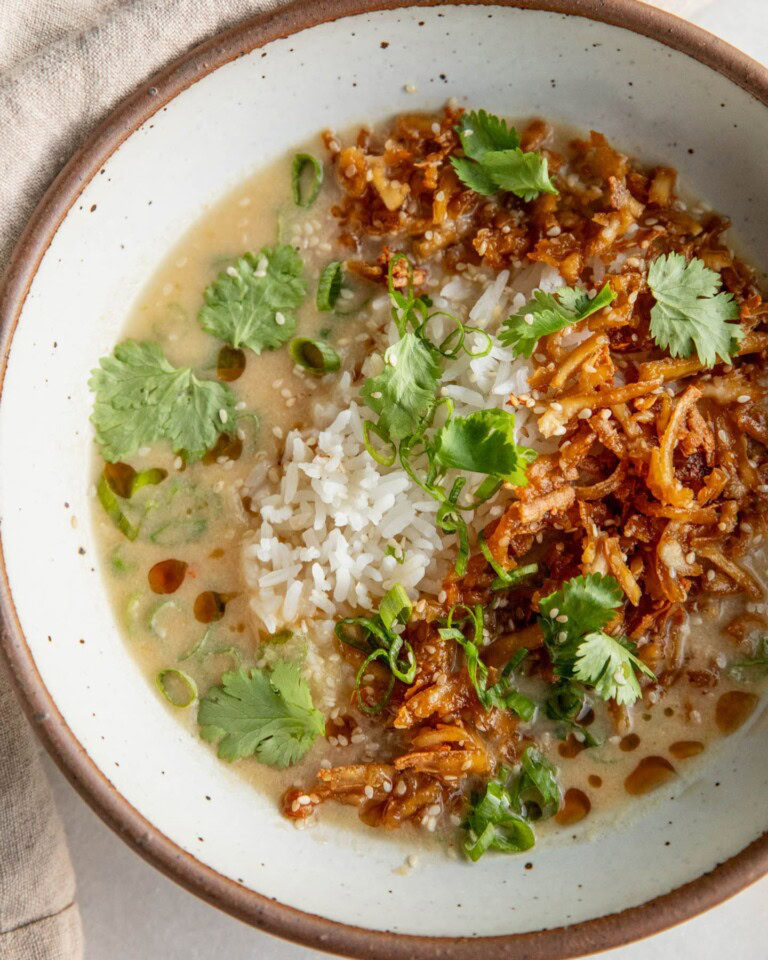 Ginger Miso Brothy Soup with Crispy Shredded Sesame Tofu
