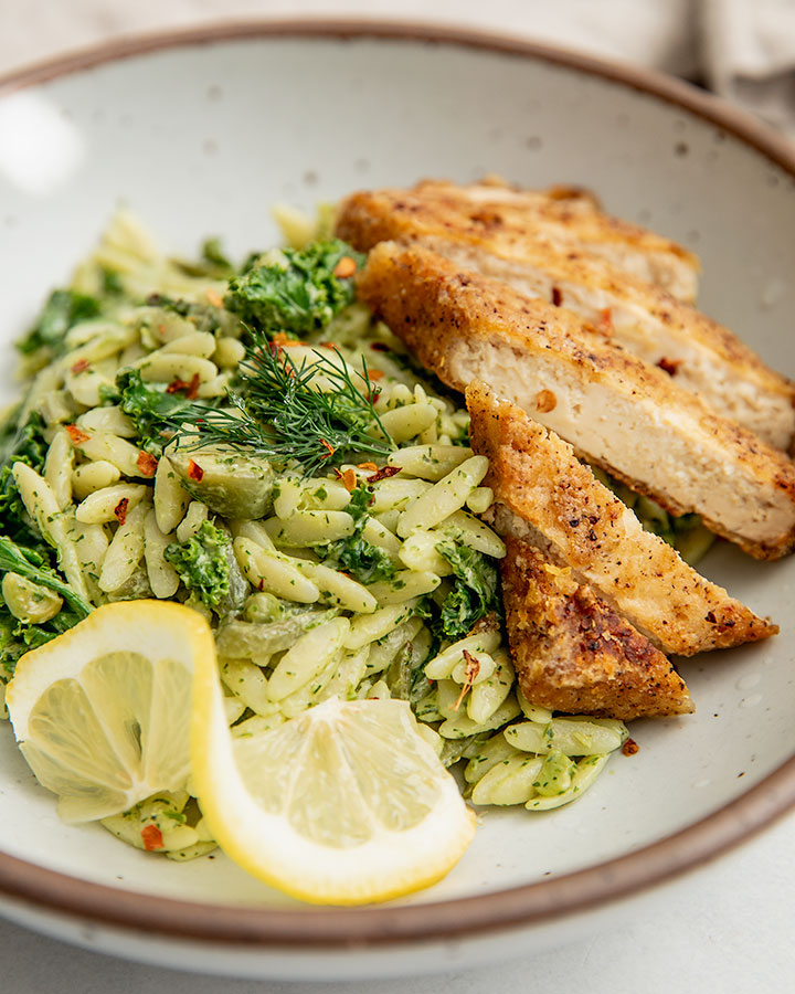Lemon Dill Orzo Pasta Salad with Tofu Cutlets