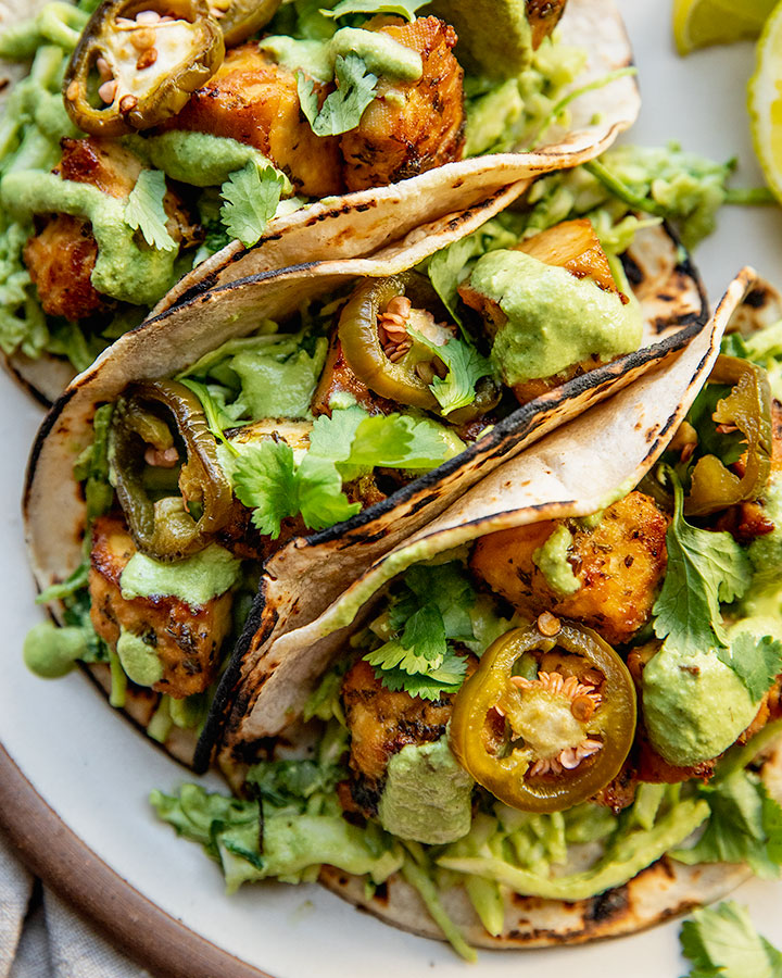 Roasted Lemon Herb Tofu Tacos with Poblano Cream Sauce