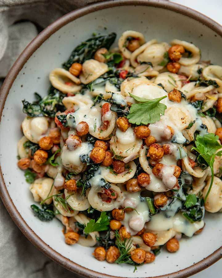 Marinated Kale Pasta Salad with Maple Mustard Dressing
