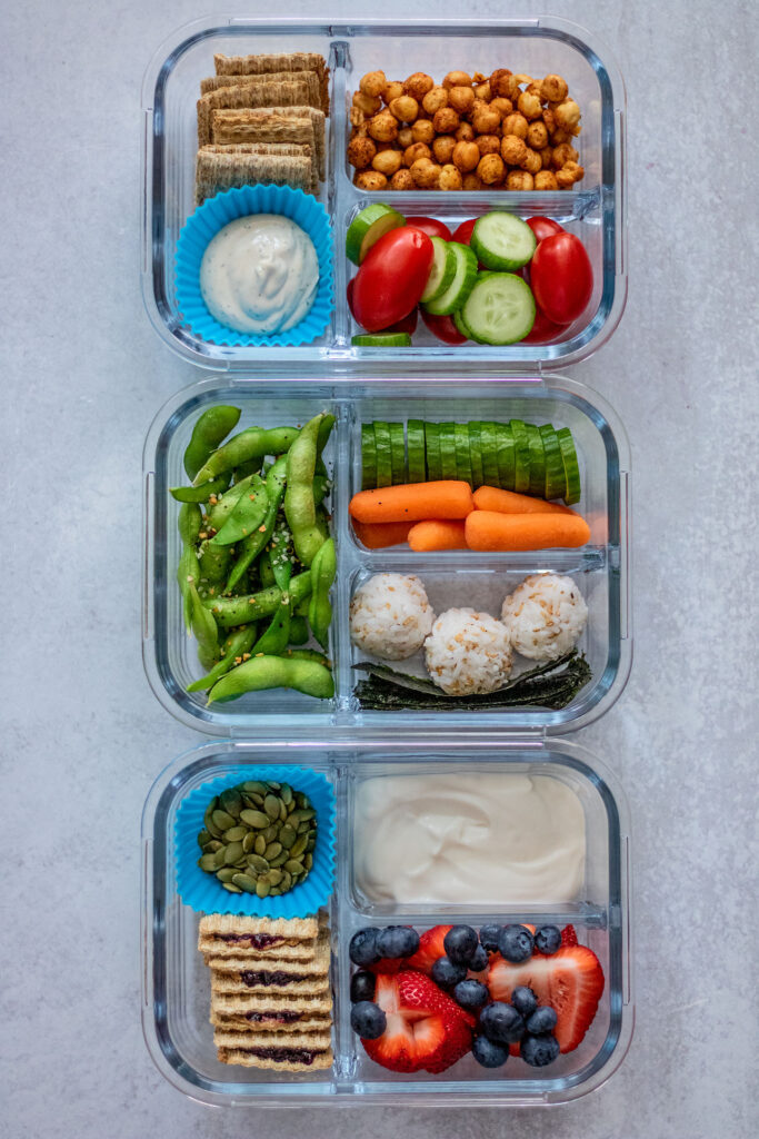Three plant based snack bento boxes.