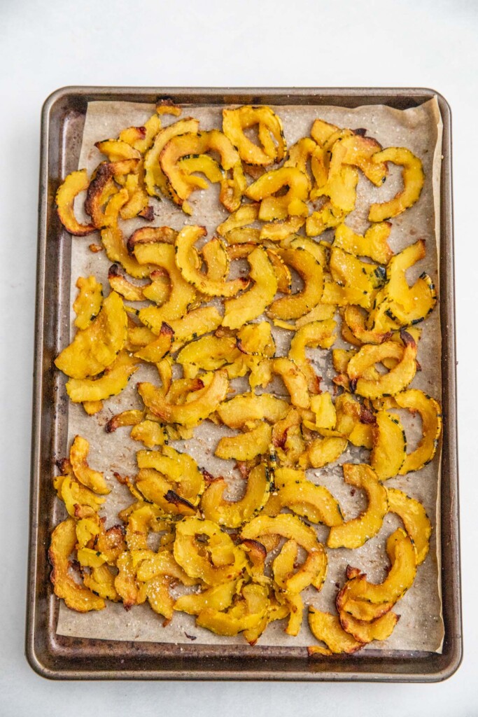 Roasted squash on a tray.