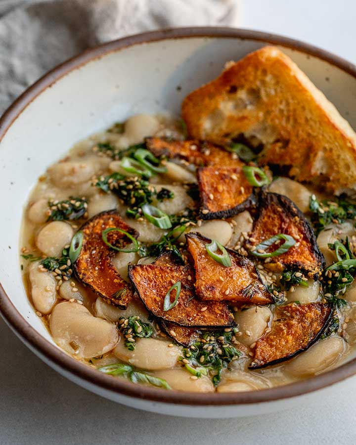 Sesame Miso Beans with Kabocha Squash Chips