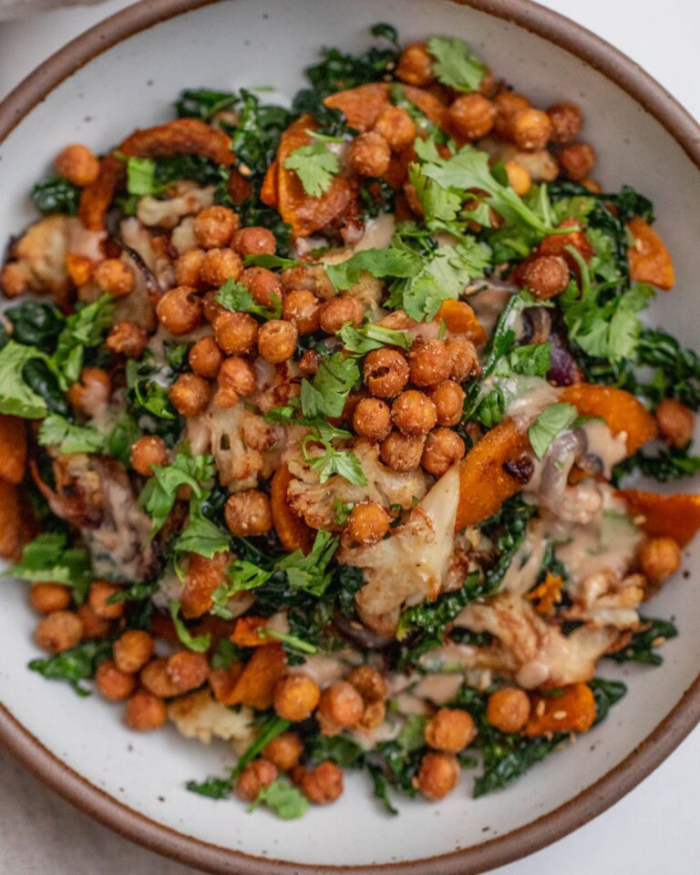 Shredded Cauliflower and Squash Salad with Apple Butter Tahini Dressing