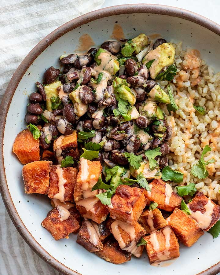 Crispy Roasted Sweet Potato Black Bean Bowl
