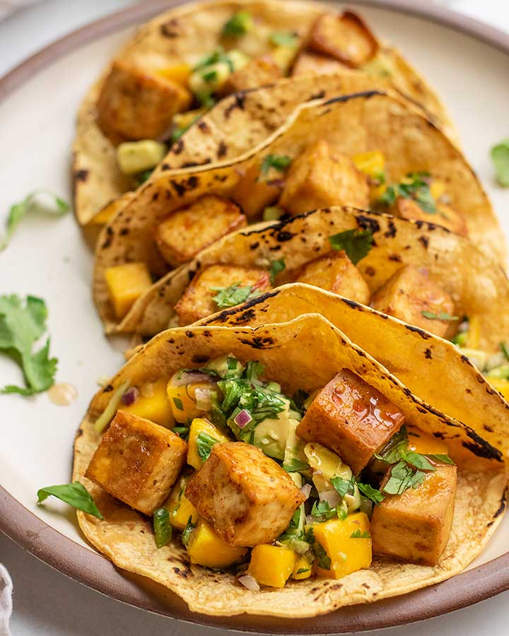 Baked Tofu Tacos with Mango Avocado Salsa